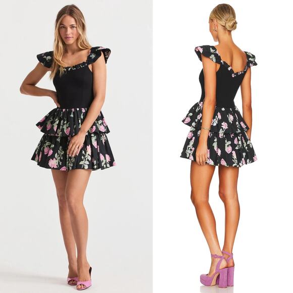 LoveShackFancy Sanam Mini Dress Painted Mime Black Floral Size 8 NWT - Picture 3 of 13